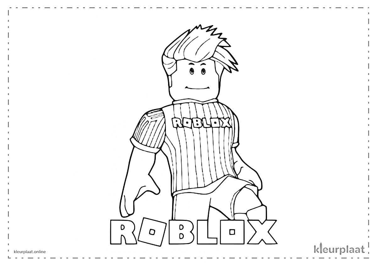 Раскраска Роблокс персонаж с надписью ROBLOX на груди и логотип ROBLOX внизу
