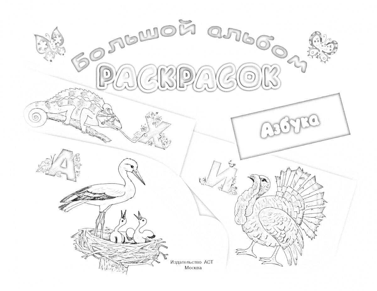 На раскраске изображено: Алфавит, Буквы, Хамелеон, Бабочка, Аист, Гнездо, Индейка, Животные, Обучение