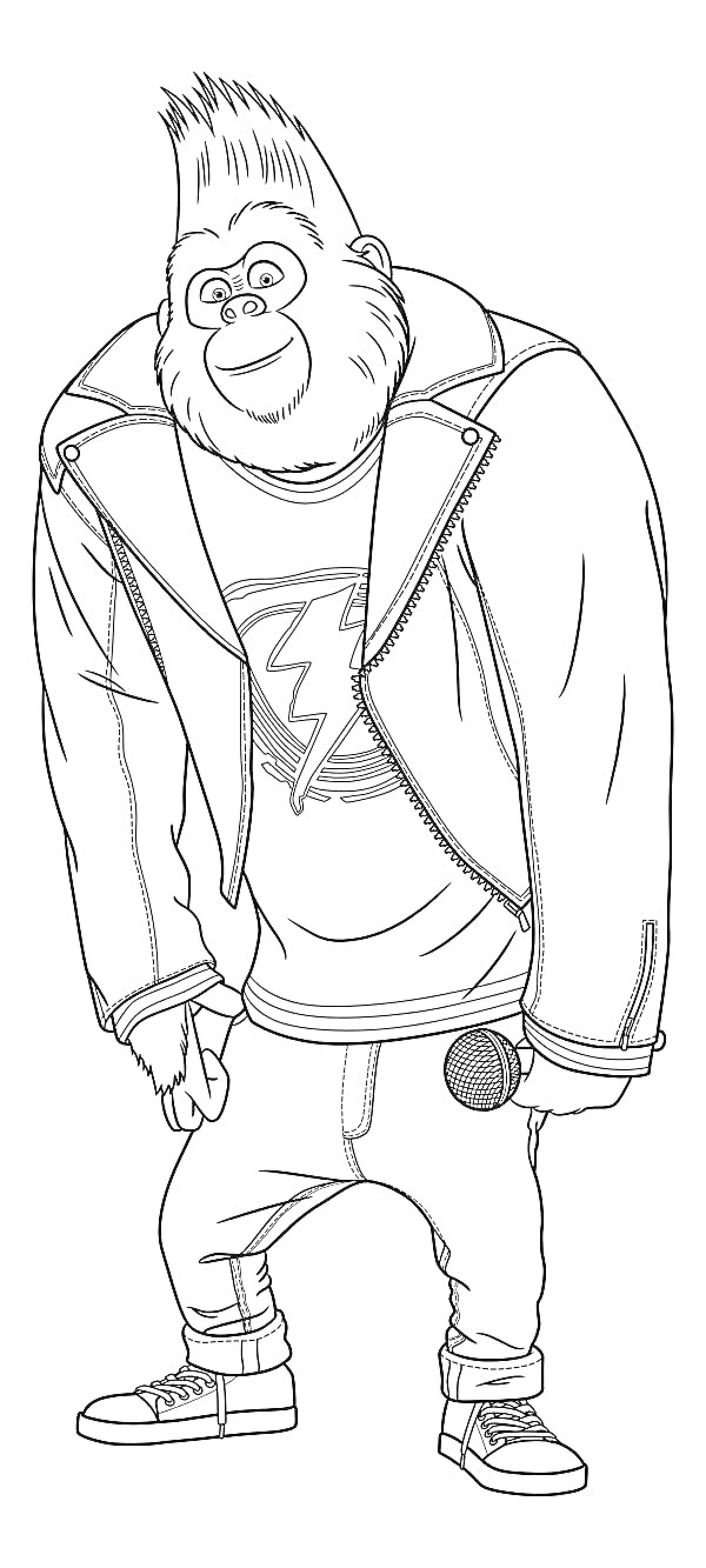 Горилла-певец в кожаной куртке со скрипичным ключом на футболке и микрофоном в руке