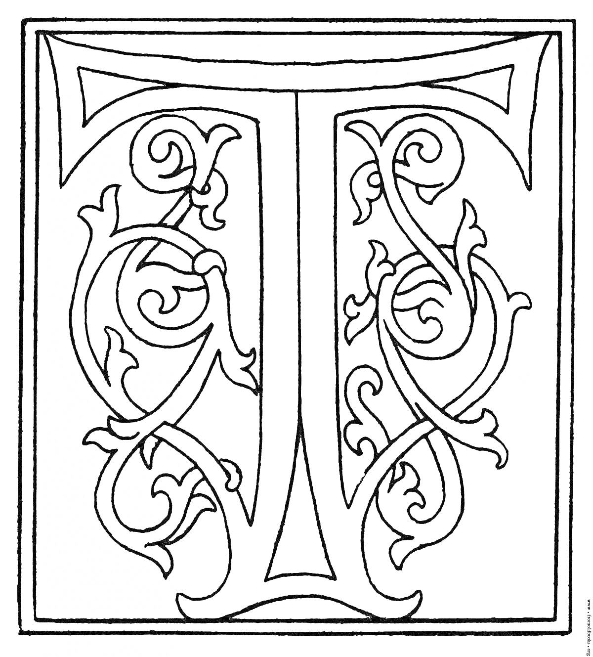 Буквица Т с растительным орнаментом в прямоугольной рамке