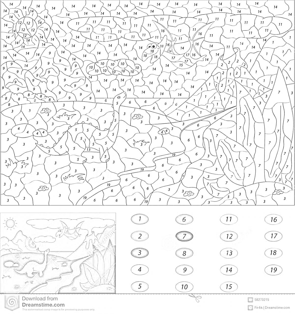  Картина с динозаврами по номерам: деревья, камни, летающие динозавры, пасущиеся динозавры, горы, солнце.