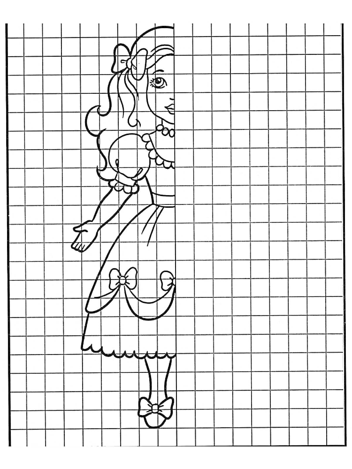 Раскраска Раскраска по клеточкам с половинкой девочки, одетой в праздничное платье с бантиками в волосах и украшениями.