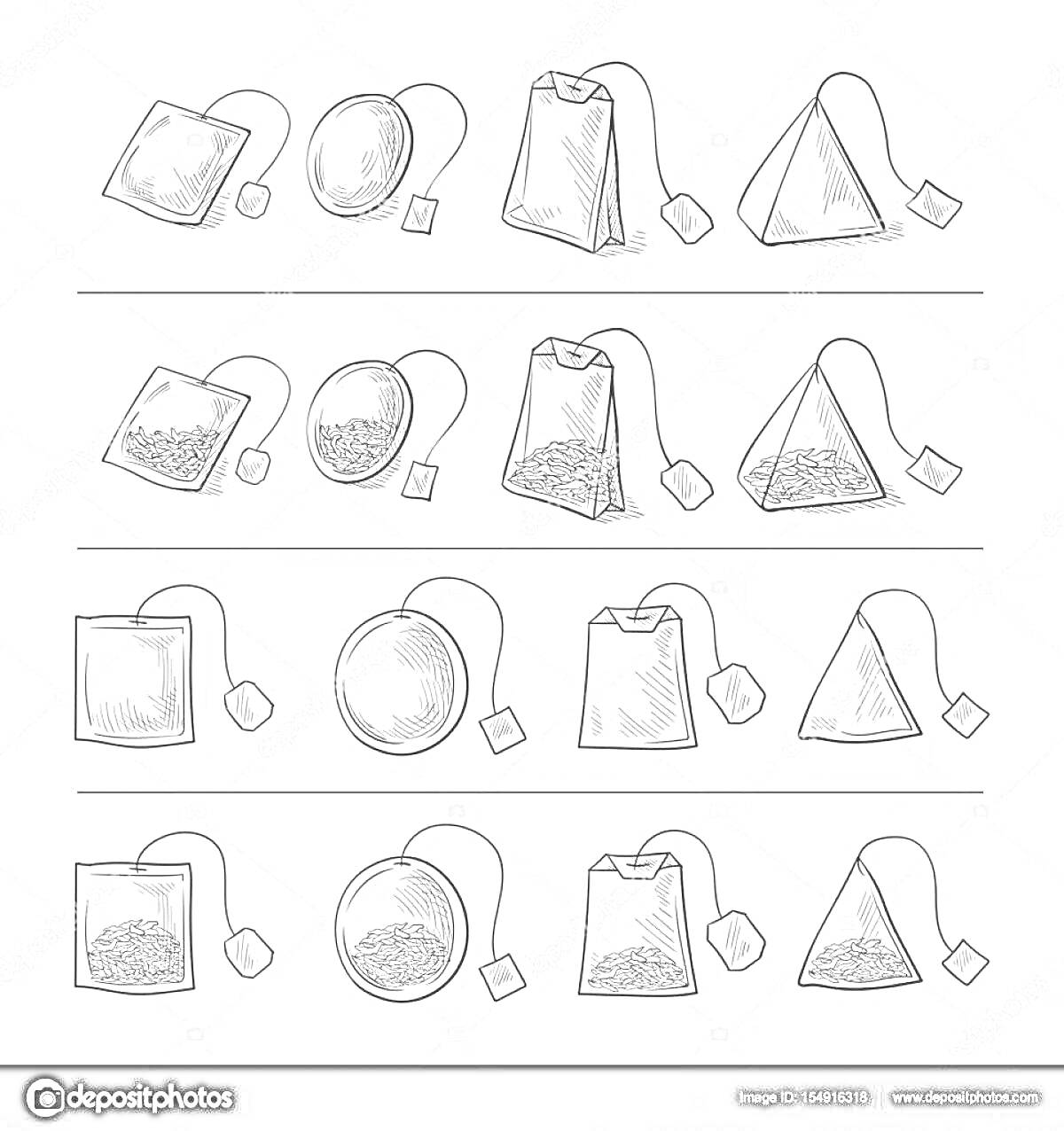Чайные пакетики различных форм (квадратный, круглый, прямоугольный, пирамидальный) с бирками
