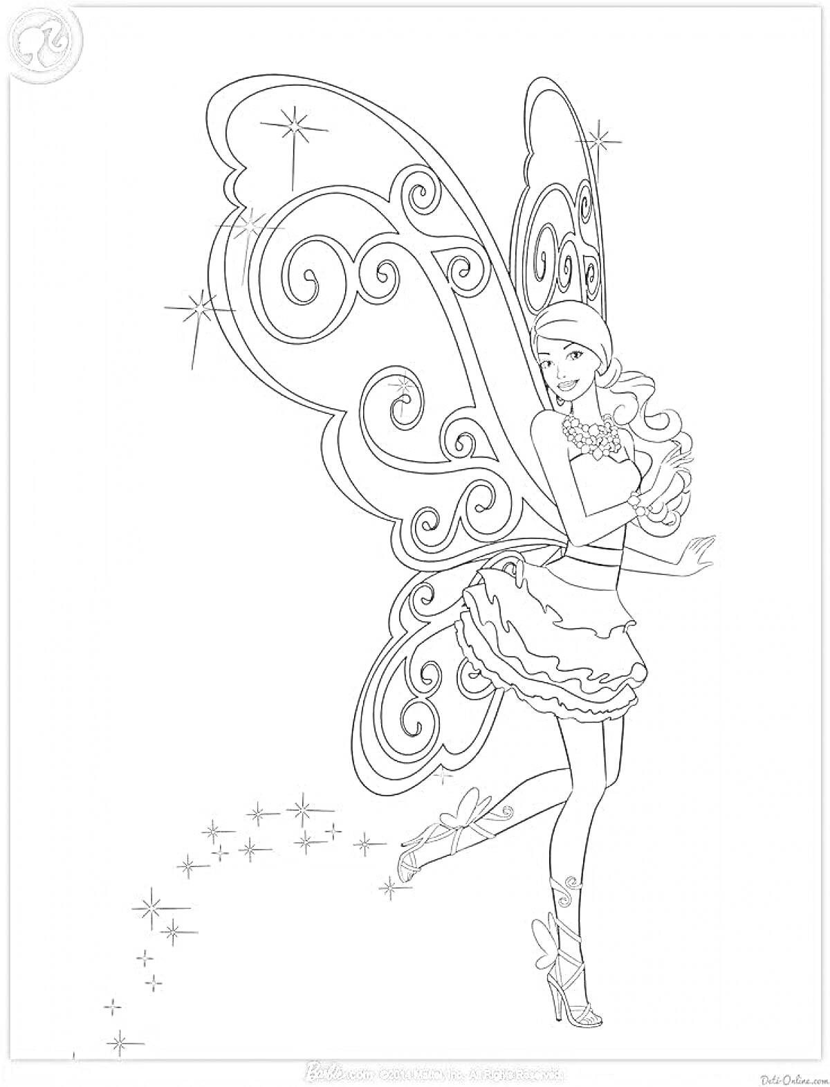 Раскраска Барби фея в платье с крыльями, на высоких каблуках, со звездочками