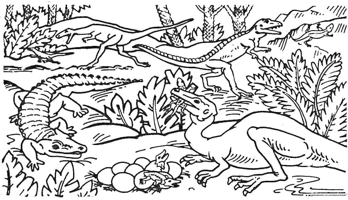 На раскраске изображено: Кусты, Деревья, Гнездо, Яйца, Птеродактиль, Растительность