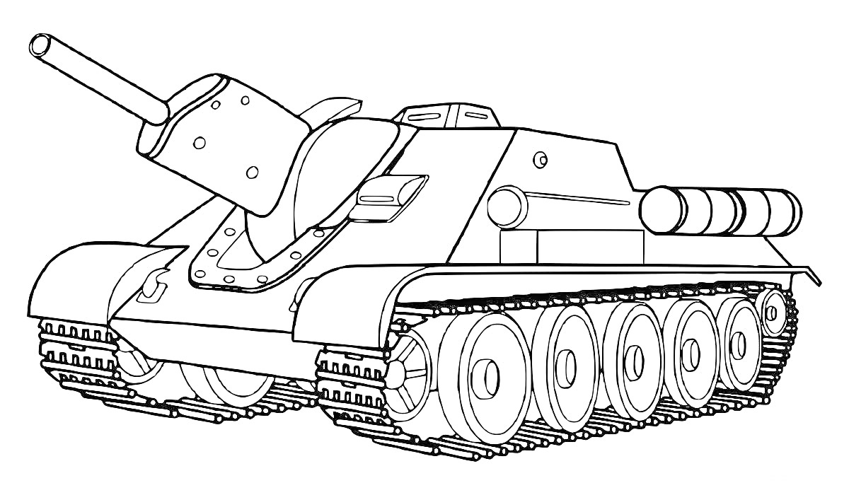 Танковая раскраска с изображением боевого танка, включающего массивную пушку, гусеницы, несколько колес, броневую защиту и детали корпуса.