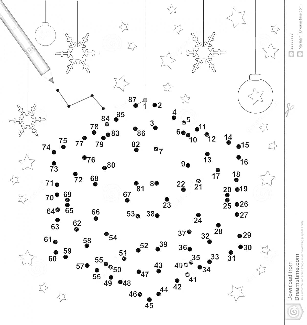На раскраске изображено: Новый год, По точкам, Снежинки, Звезды, Праздничное украшение