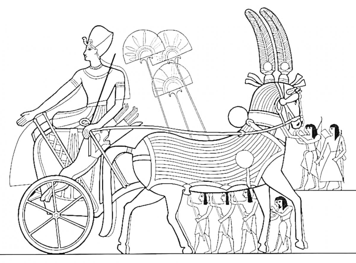 На раскраске изображено: Египет, Воин, Колесница, Древний Египет, Историческая сцена, Традиционная одежда