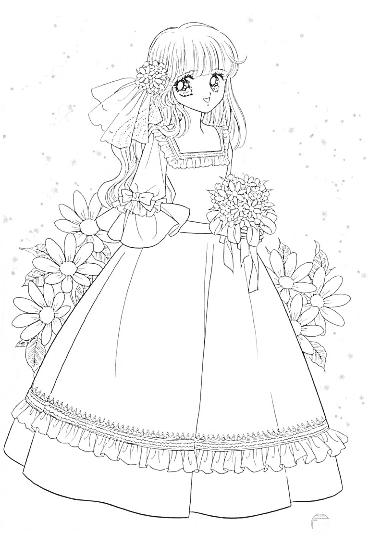 Раскраска Девушка в длинном платье с цветами в руках и вокруг нее, цветы в волосах, фон с точками