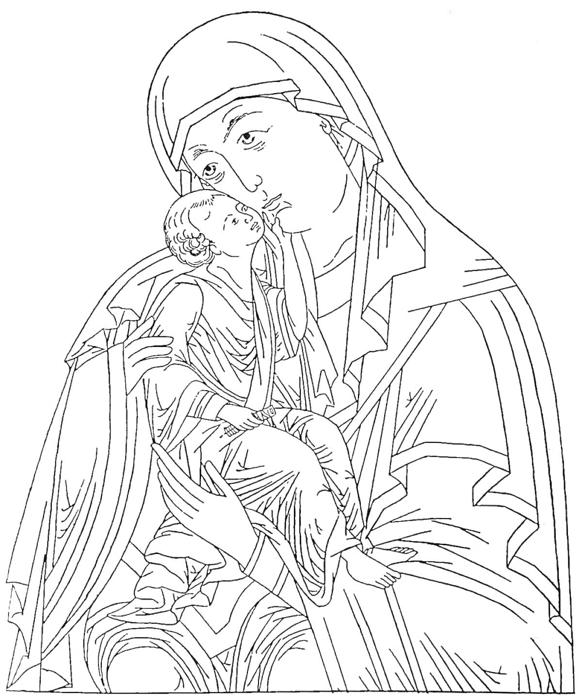 На раскраске изображено: Дева Мария, Младенец, Объятия, Плащ, Капюшон, Религия, Христианство, Материнство