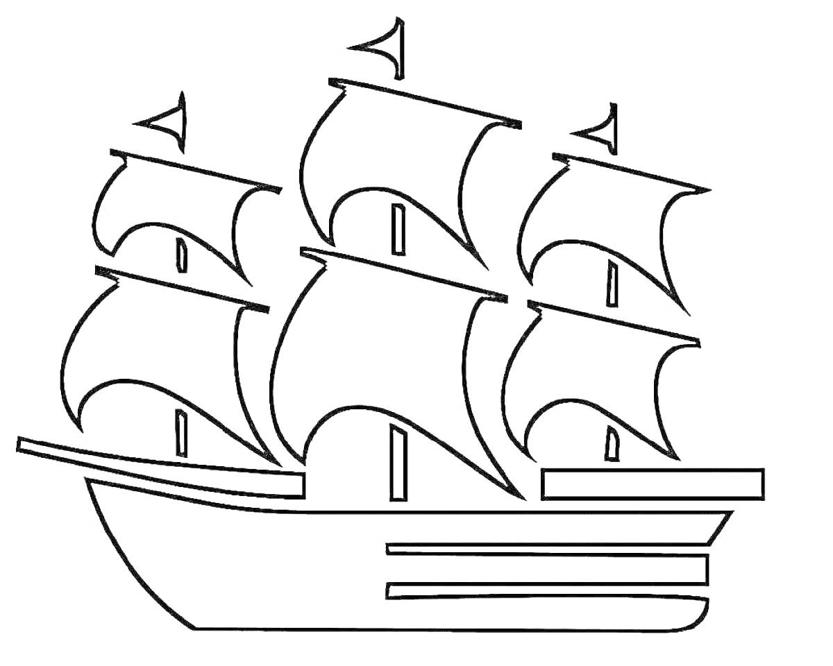Раскраска Парусник с тремя мачтами, парусами и флагами