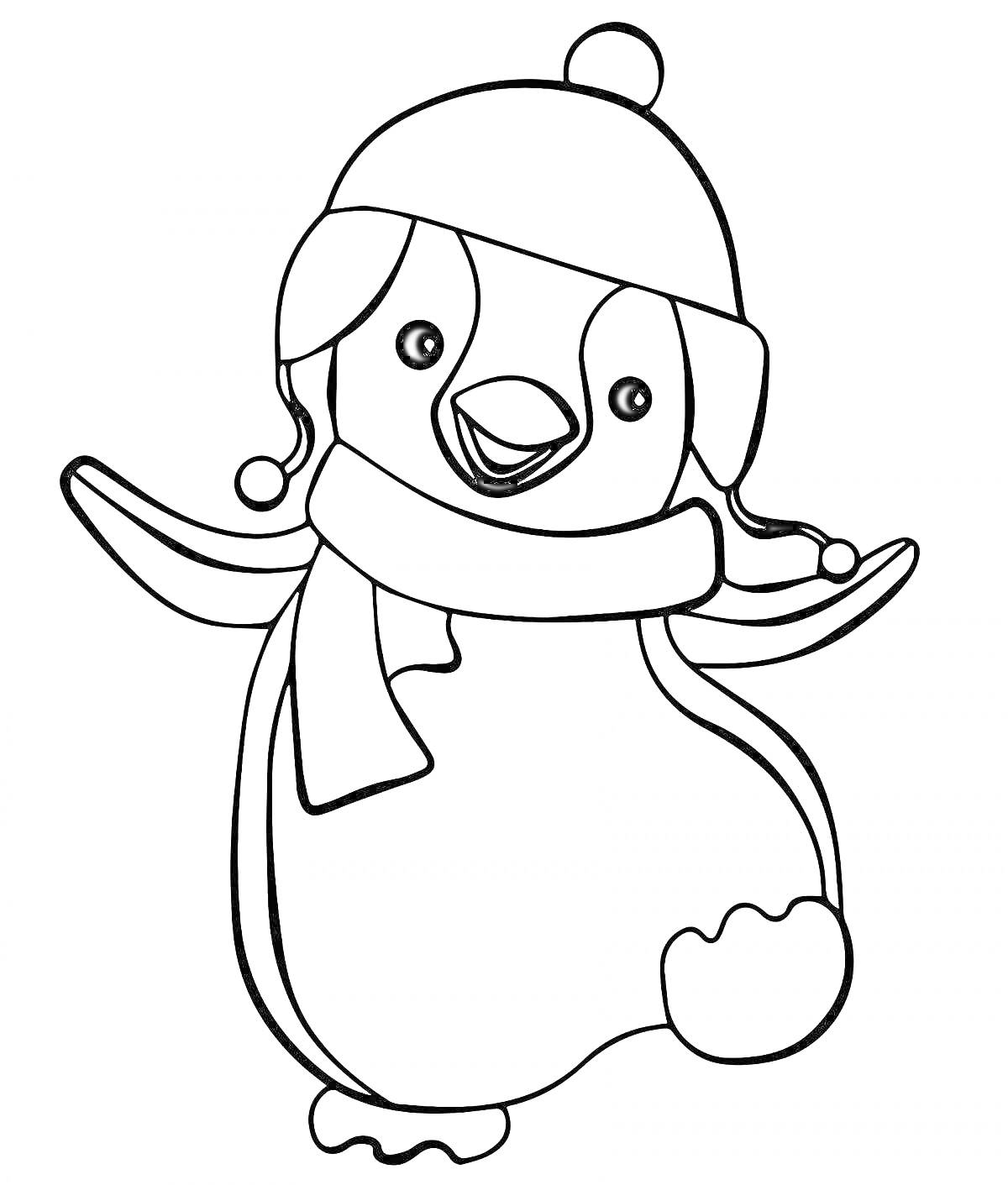 Раскраска Пингвин в шапке с помпоном и шарфе, машущий крыльями