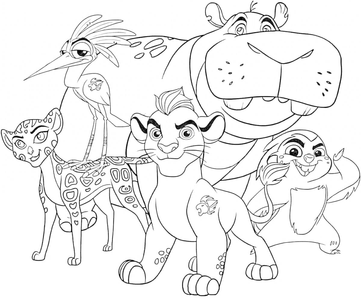 На раскраске изображено: Король лев, Птица, Носорог, Леопард, Лев, Животные