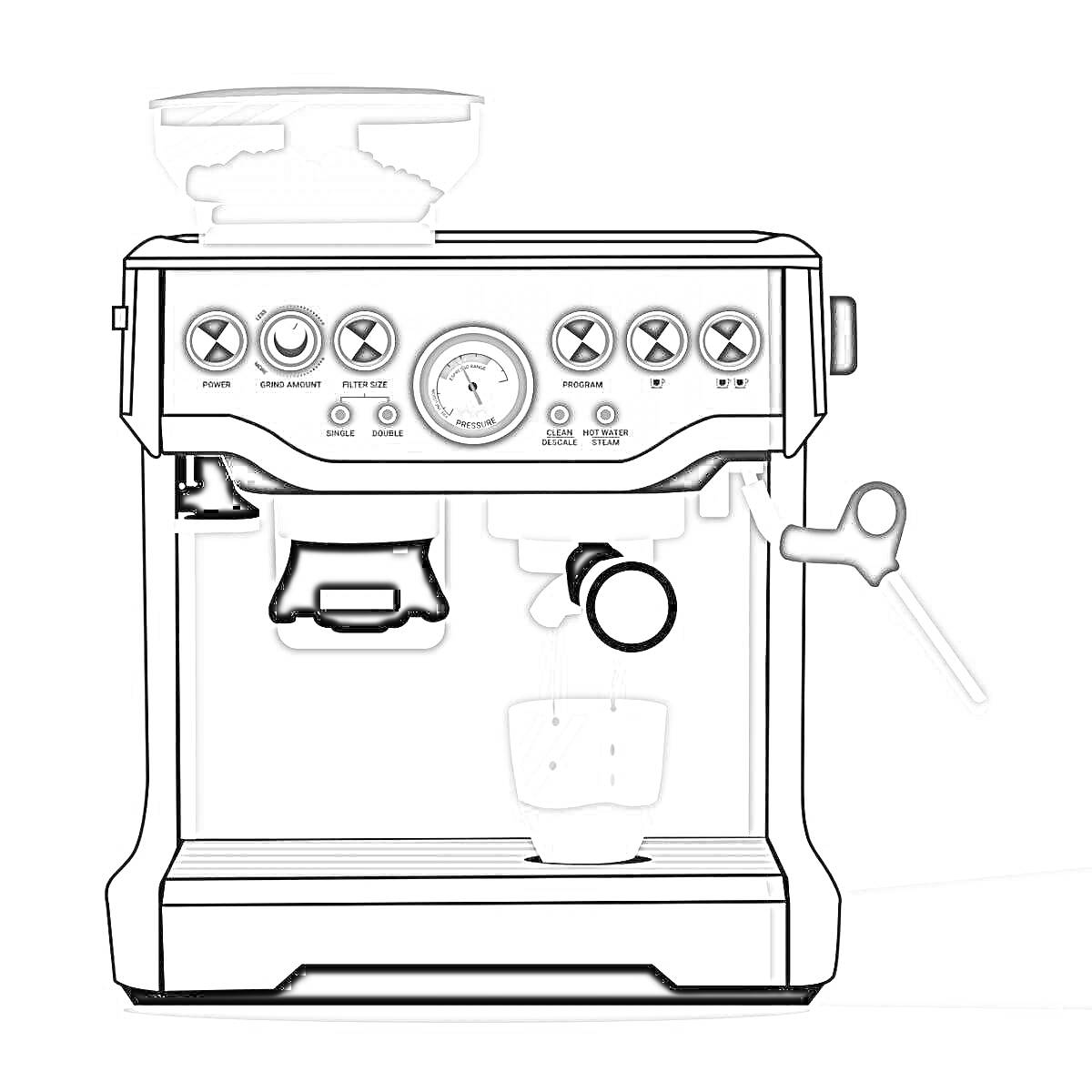 На раскраске изображено: Кофемашина, Кофемолка, Панель управления, Кнопки, Кофе, Кухня, Техника