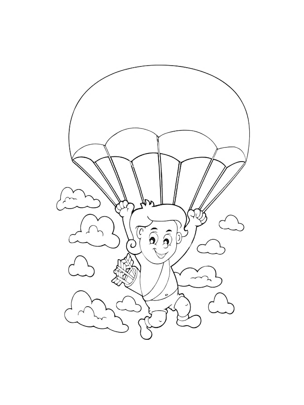 Мальчик с парашютом среди облаков