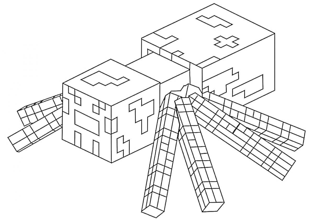 На раскраске изображено: Minecraft, Пиксельная графика, Блоки, Восемь ног, Игровые персонажи, Пауки