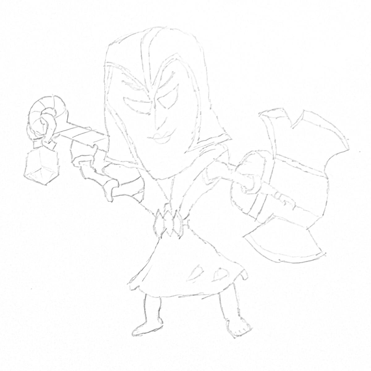 Раскраска Мэнди из Браво Старс с двумя оружиями, включающими молот и топор, поднимающими руки в боевой позе
