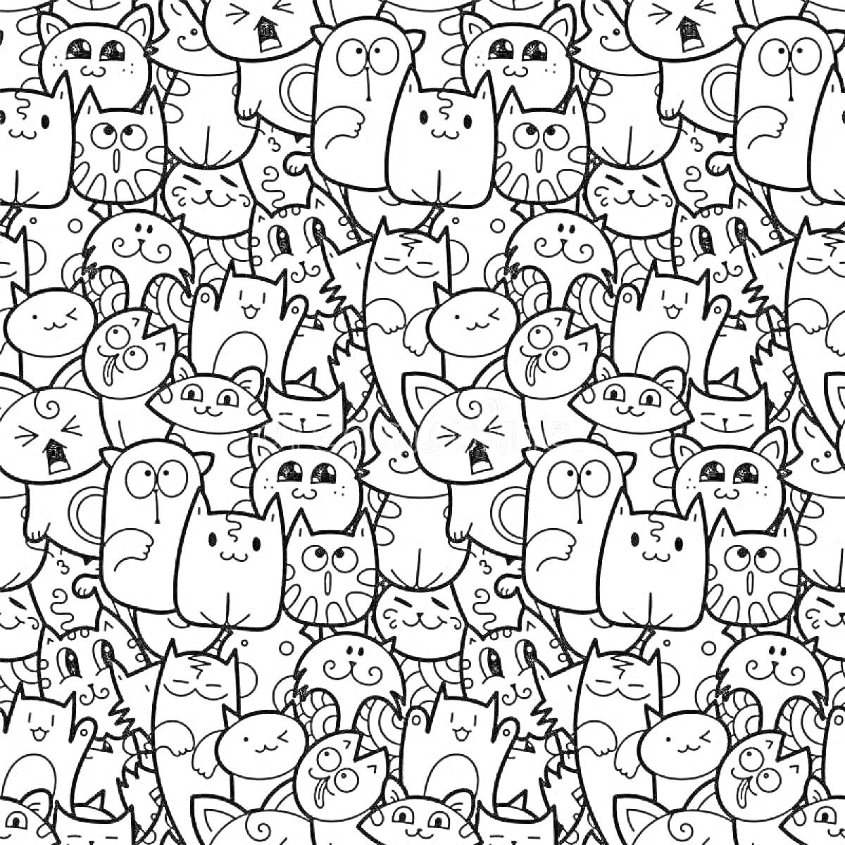 Раскраска множество котиков разной формы и с разными выражениями лиц