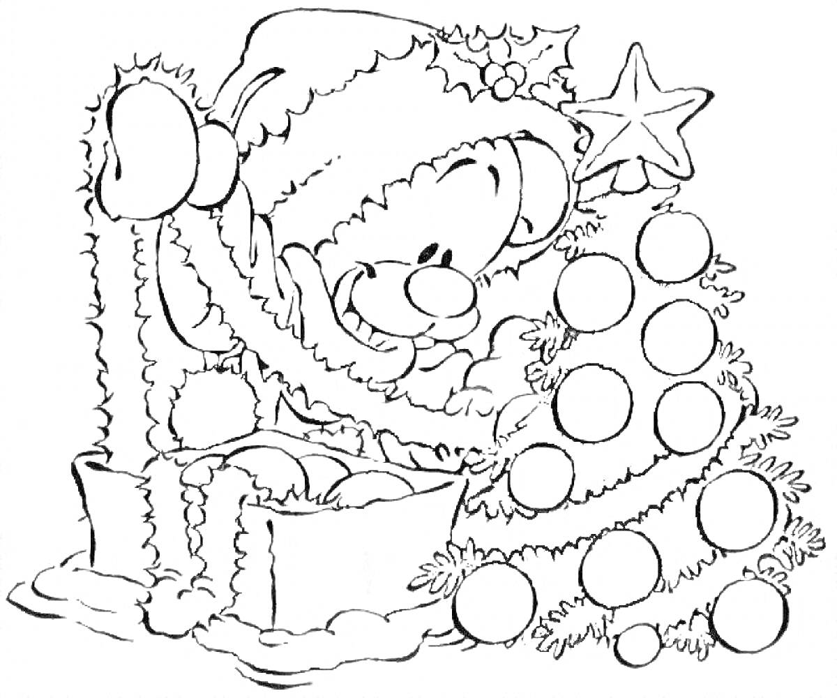 На раскраске изображено: Новогодняя открытка, Рождественская елка, Елочные украшения, Гирлянда, Новогодняя одежда