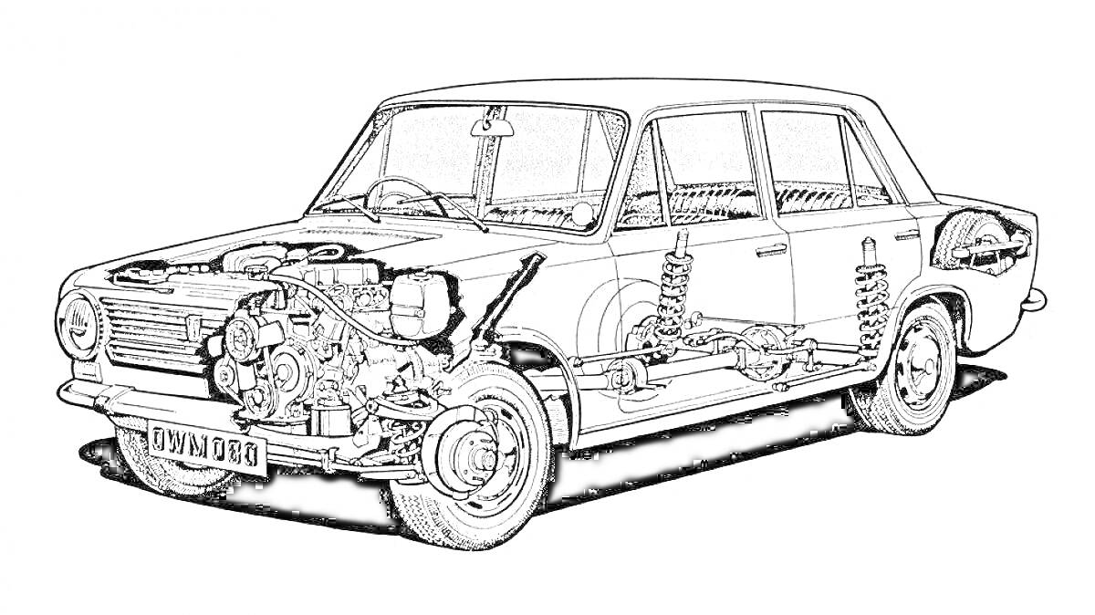 Раскраска Копейка автомобиль с видимыми внутренними деталями, включая двигатель, подвеску и колесо