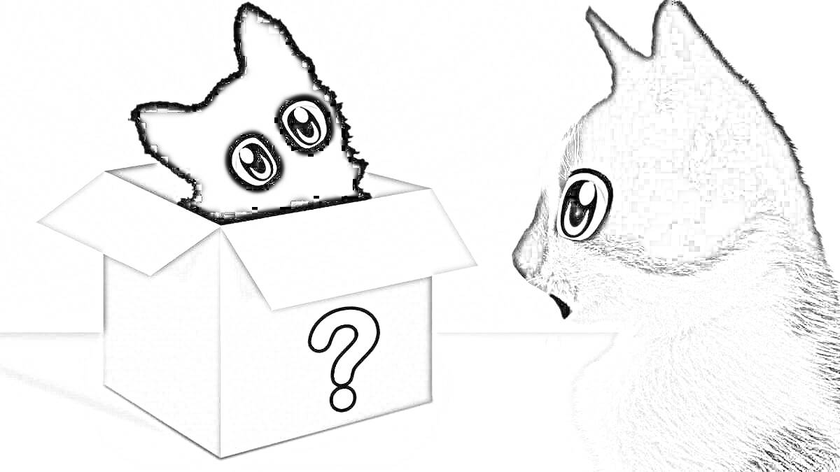 На раскраске изображено: Коробка, Вопросительный знак, Желтый фон, Милые коты, Загадка
