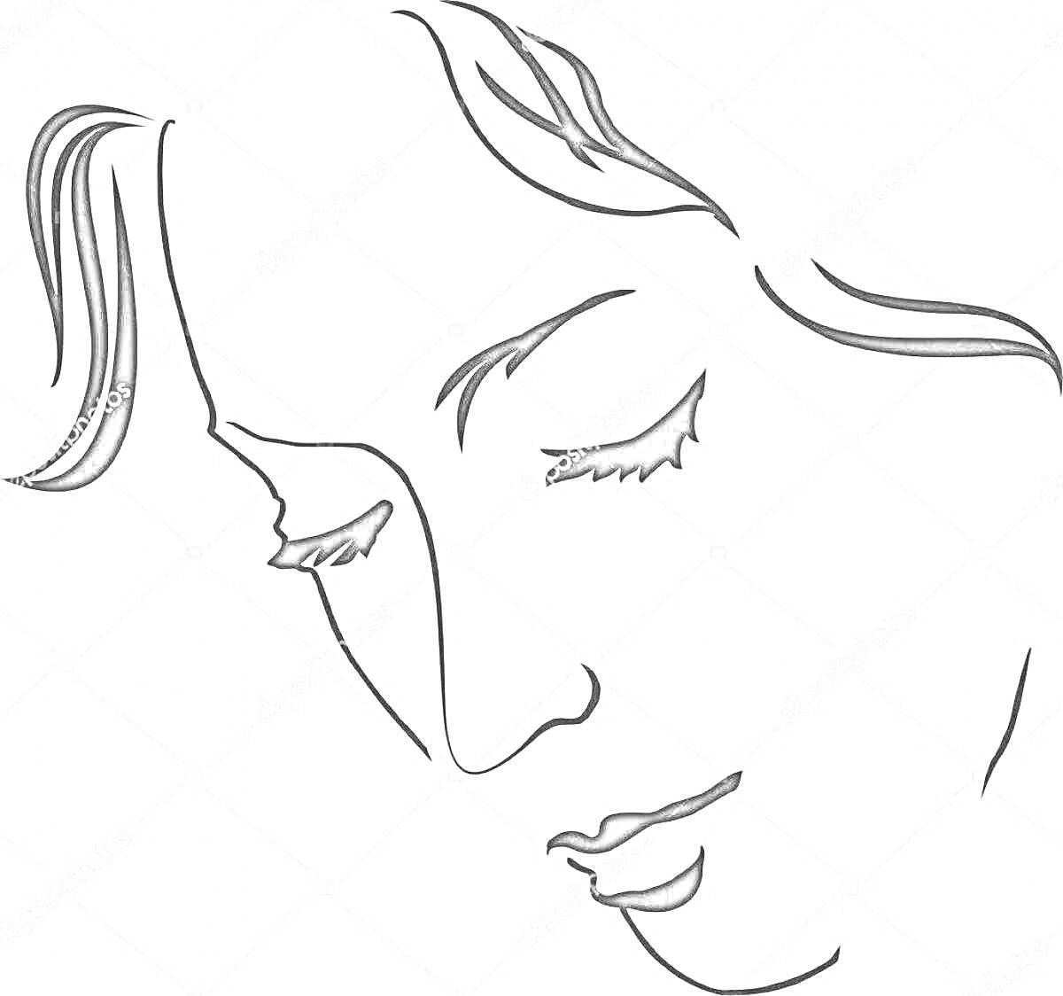 Раскраска Лицо женщины в профиль со спущенными веками и закрытыми глазами, стилизованное изображение с акцентом на плавные линии волос и ресниц
