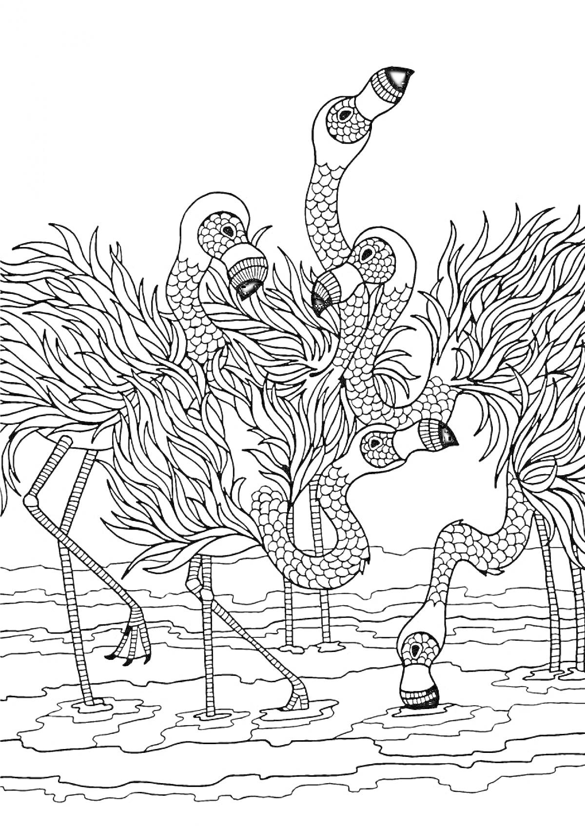 Фламинго с узорчатыми телами и перьями в водоеме