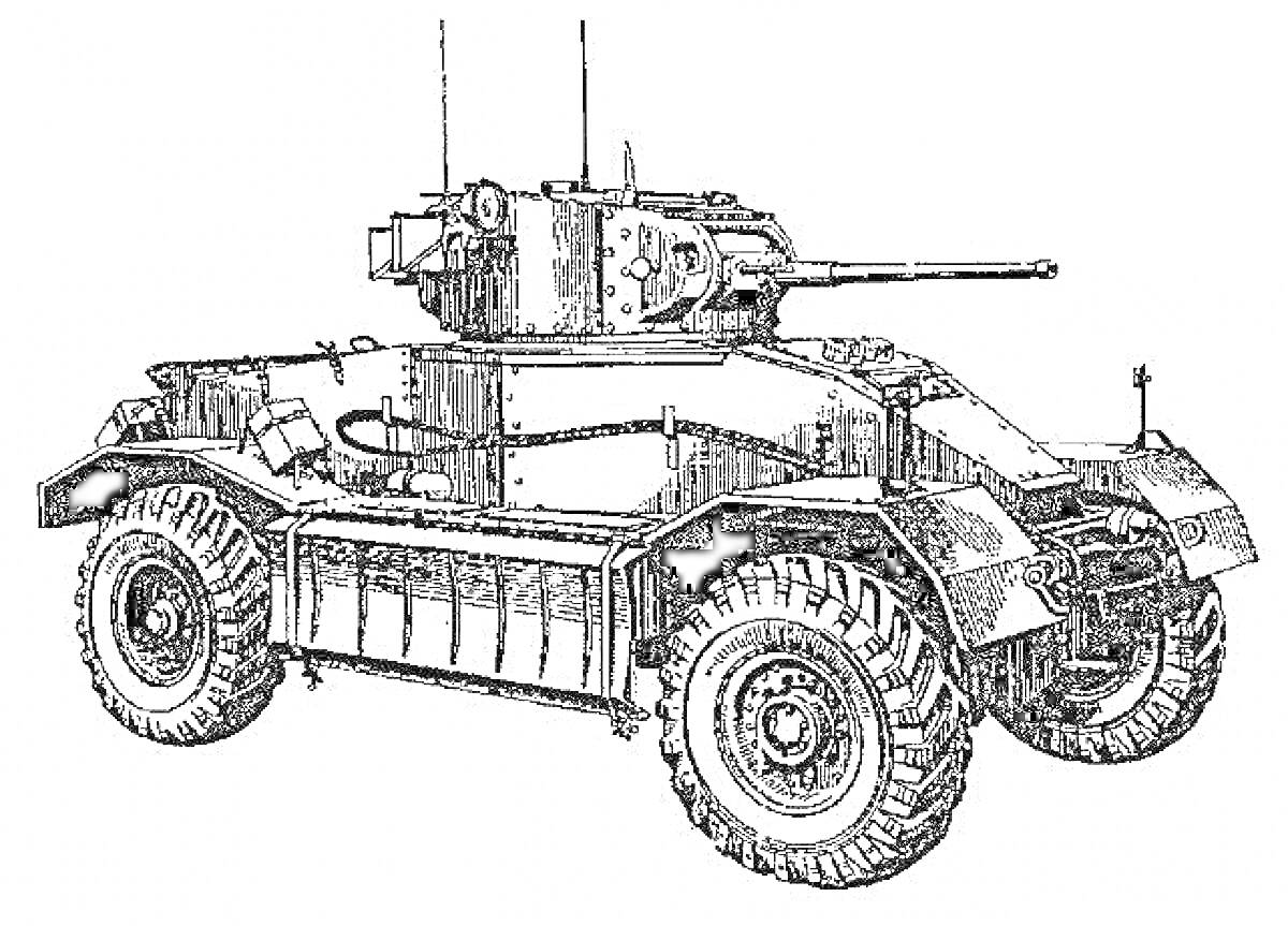 Раскраска Броневик с вооружением, антеннами и массивными колесами