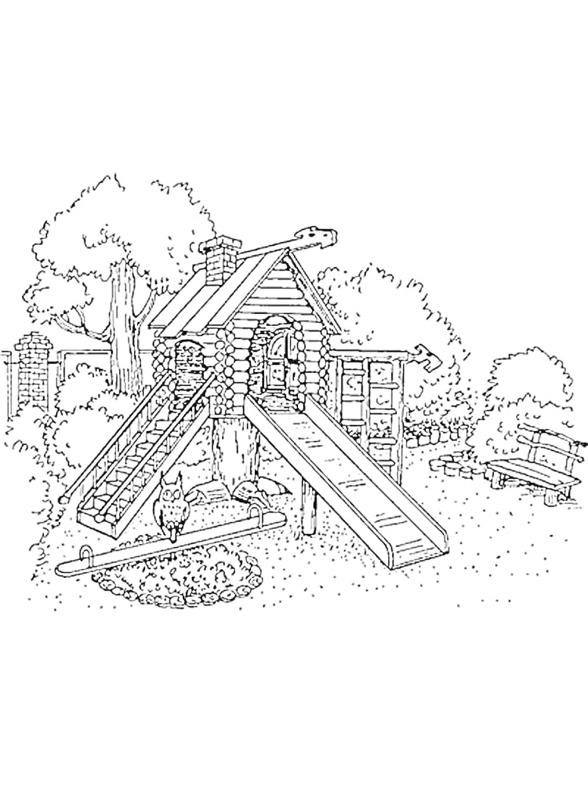 Детская площадка с деревянным домиком, лестницей, горкой, песочницей и лавкой