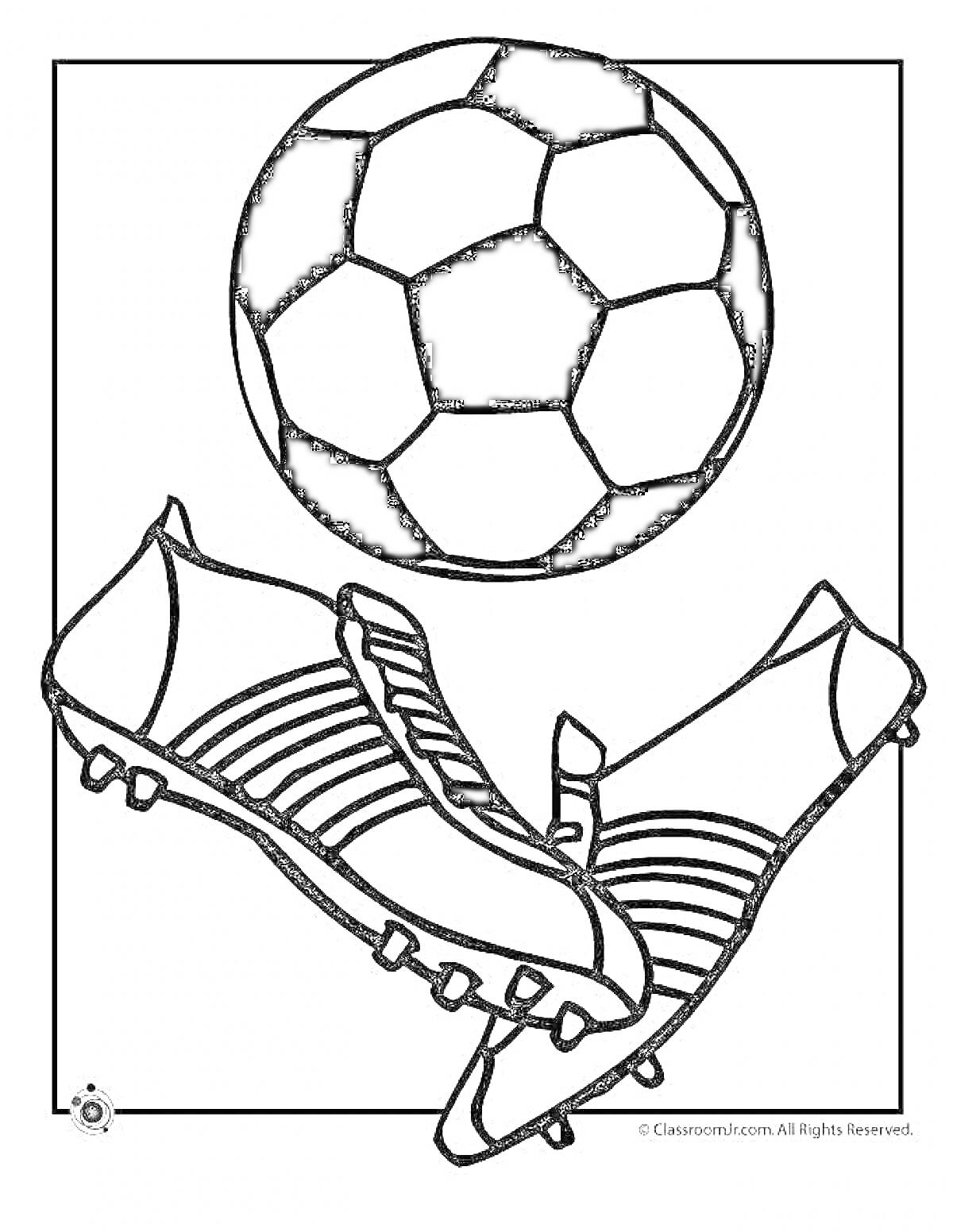 На раскраске изображено: Бутсы, Футбольный мяч, Спорт, Футбол, Обувь, Спортивное снаряжение