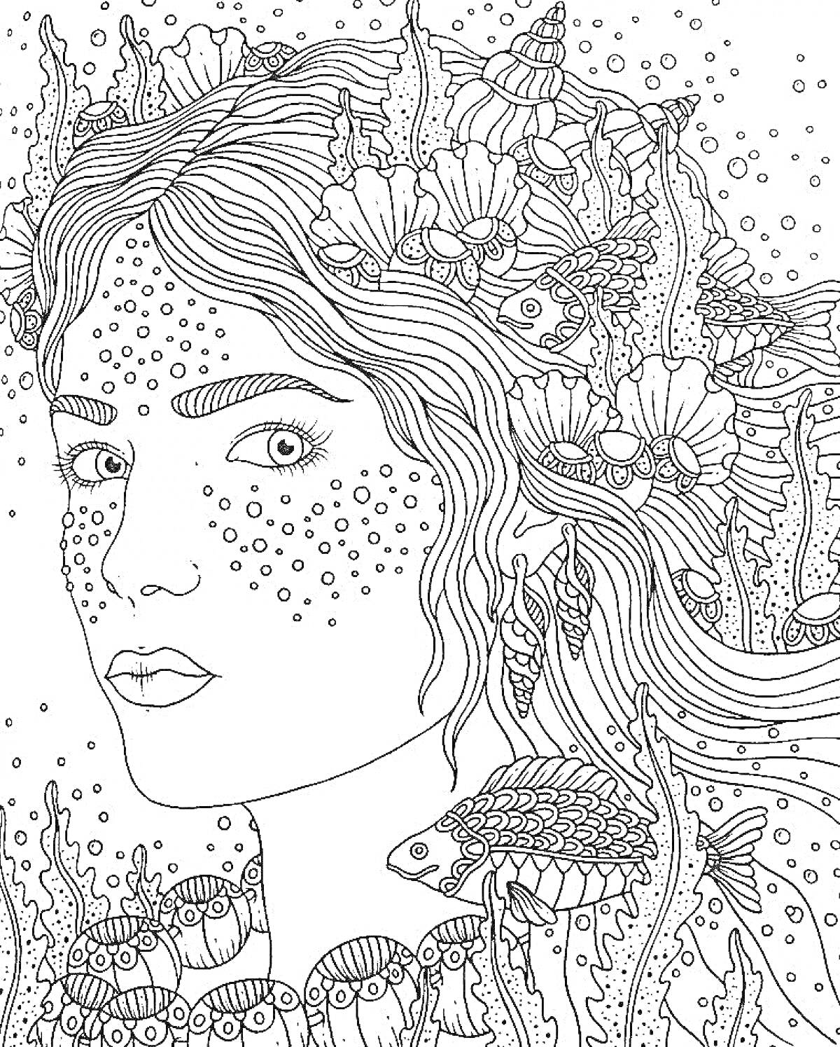 На раскраске изображено: Женщина, Лицо, Веснушки, Морские растения, Цветы, Волосы, Подводный мир, Рыба