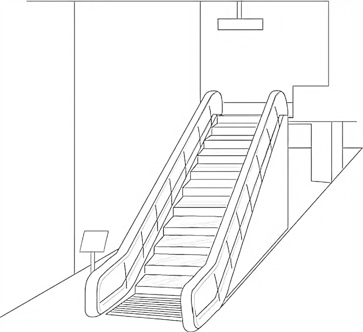 Раскраска Эскалатор в здании с указателем и светильником