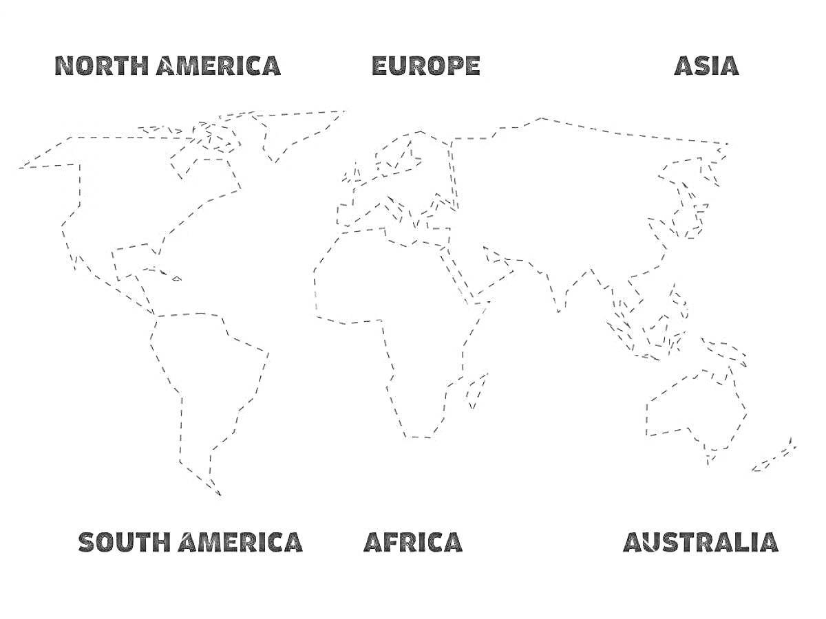 Раскраска Контурная карта мира с подписью по континентам (Северная Америка, Южная Америка, Африка, Европа, Азия, Австралия)