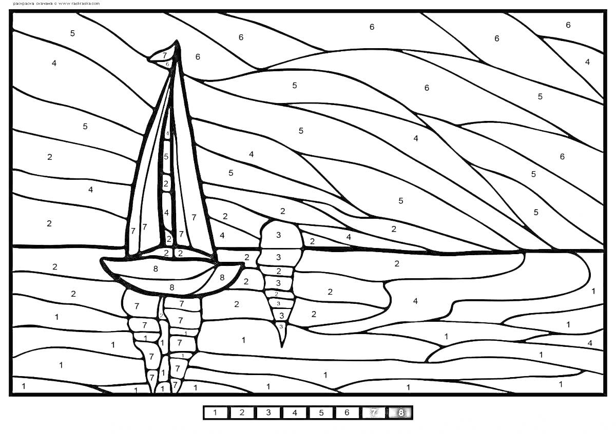 Раскраска Парусная лодка на фоне холмов и моря