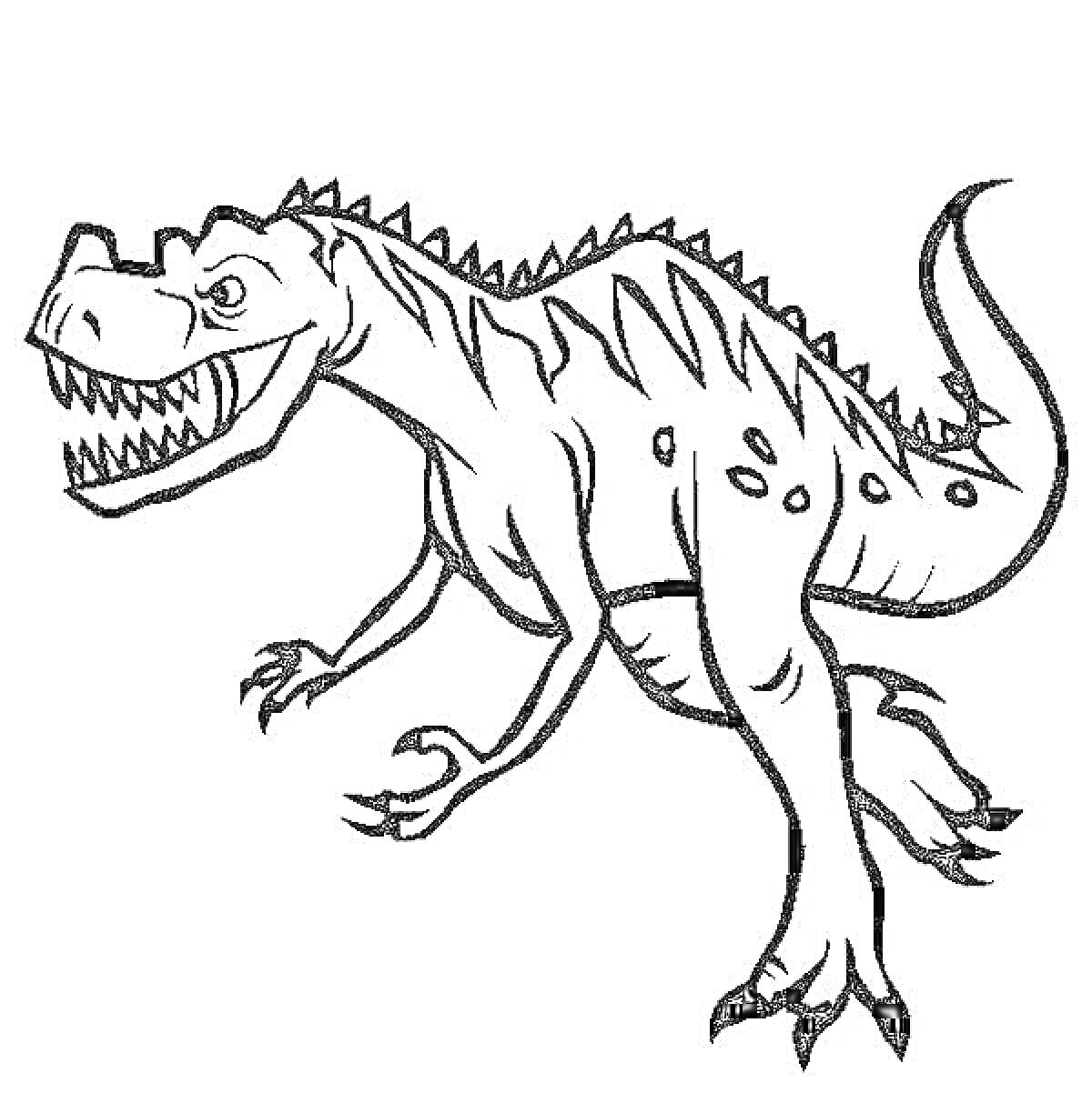 Раскраска динозавр тирекс с гребнем и пятнами на теле, бегущий, с открытой пастью и острыми зубами