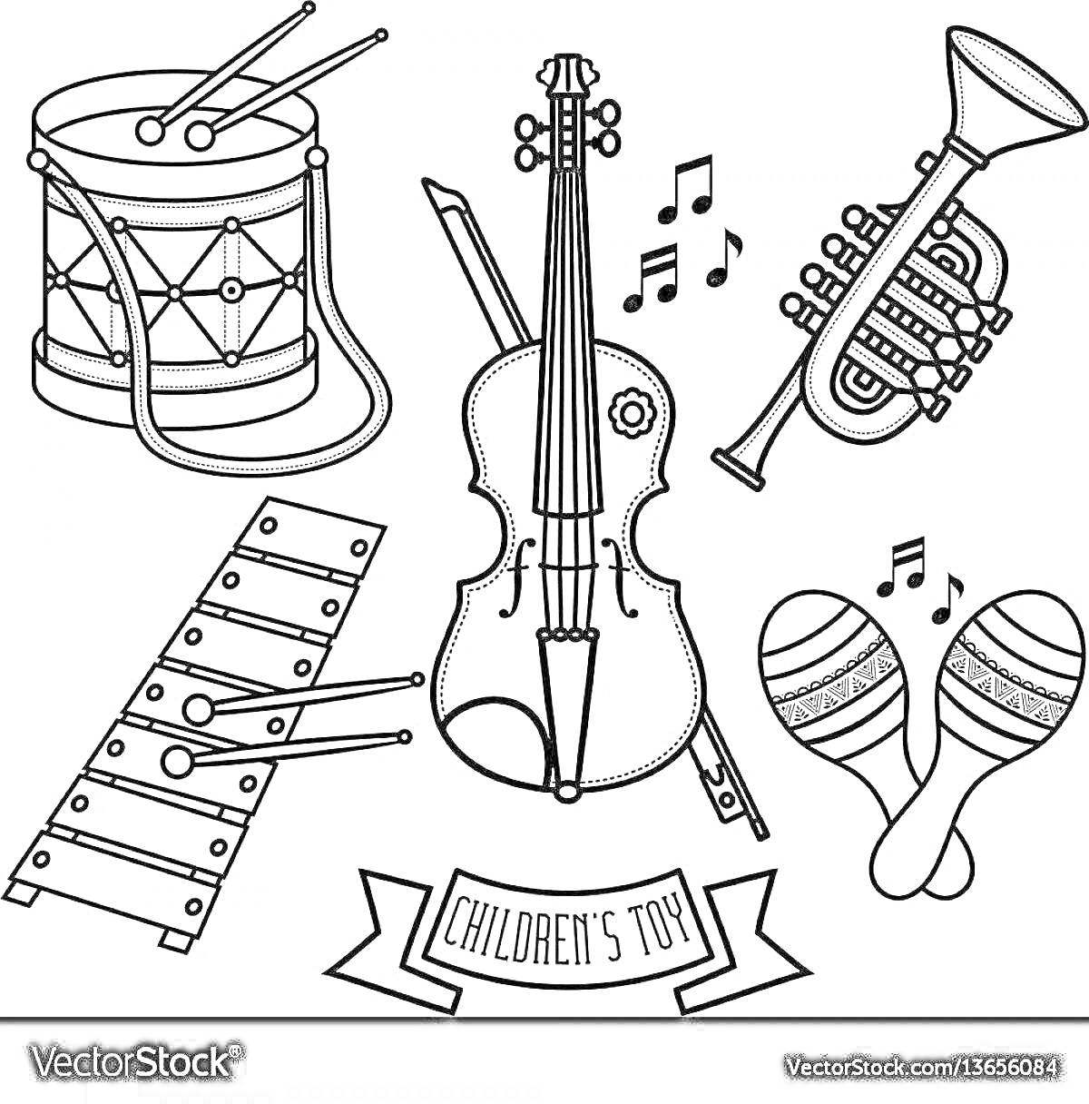 Раскраска Детские игрушечные музыкальные инструменты: барабан с палочками, скрипка с смычком, труба, ксилофон, маракасы