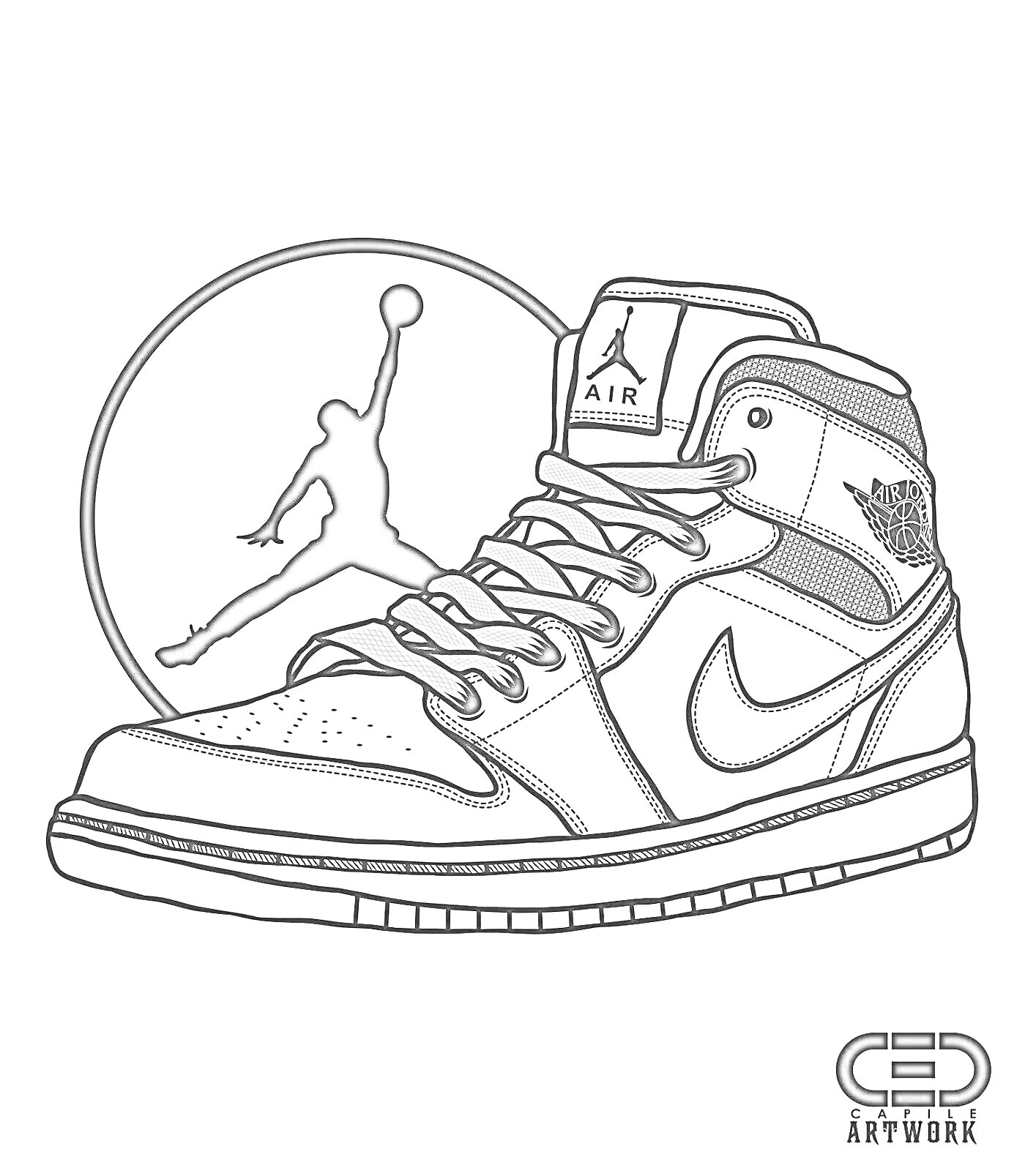 Раскраска Кроссовка Air Jordan 1 с логотипом Jumpman на фоне