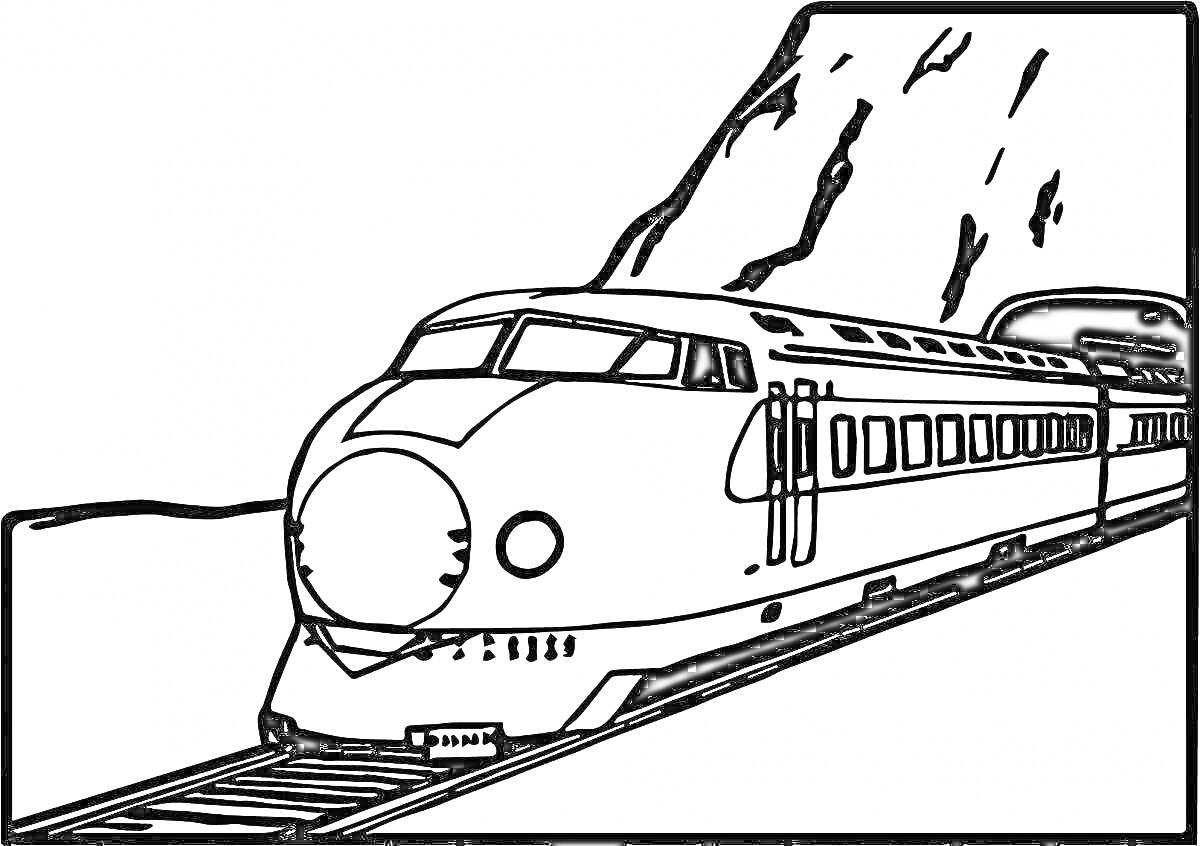 На раскраске изображено: Поезд, Железная дорога, Тоннель, Горы, Локомотив, Транспорт
