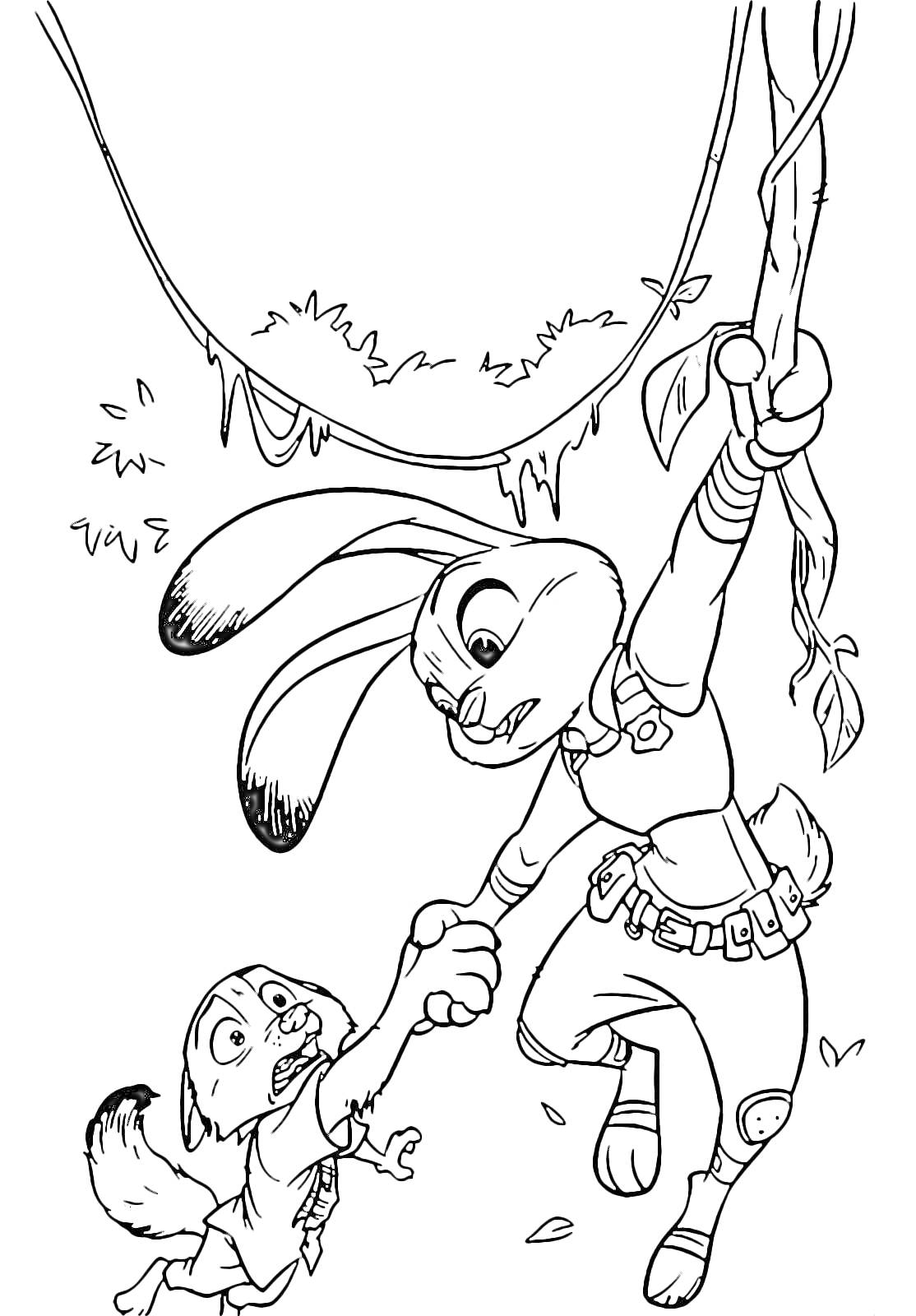 Раскраска Джуди Хоппс спасает кролика, вися на лиане