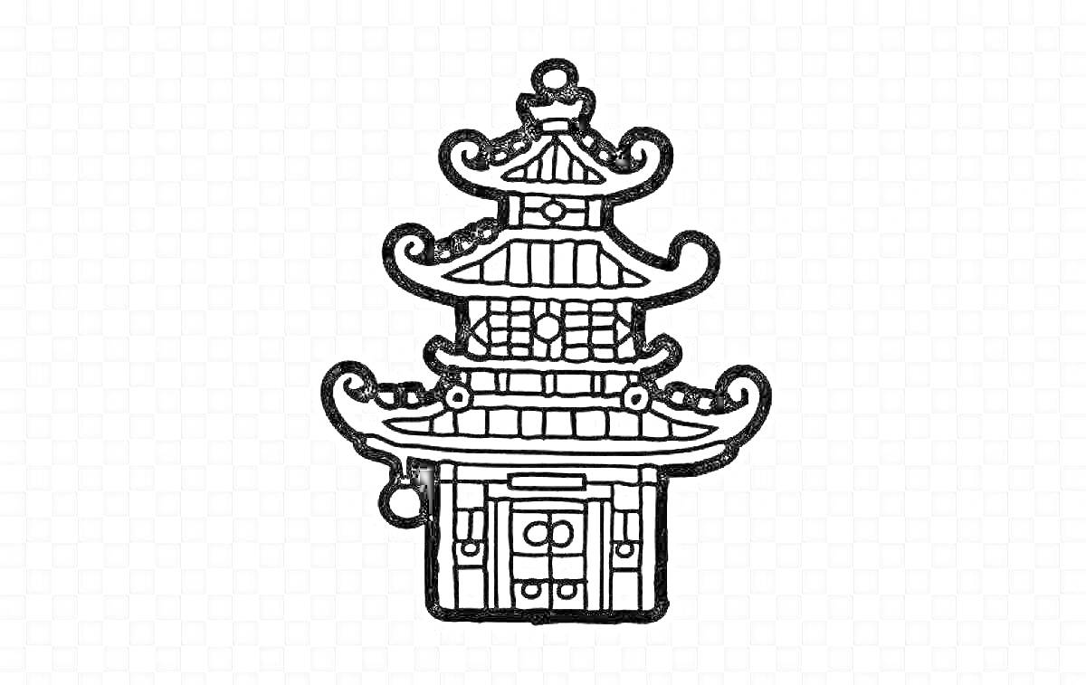 На раскраске изображено: Пагода, Храм, Архитектура, Восточный стиль, Здания