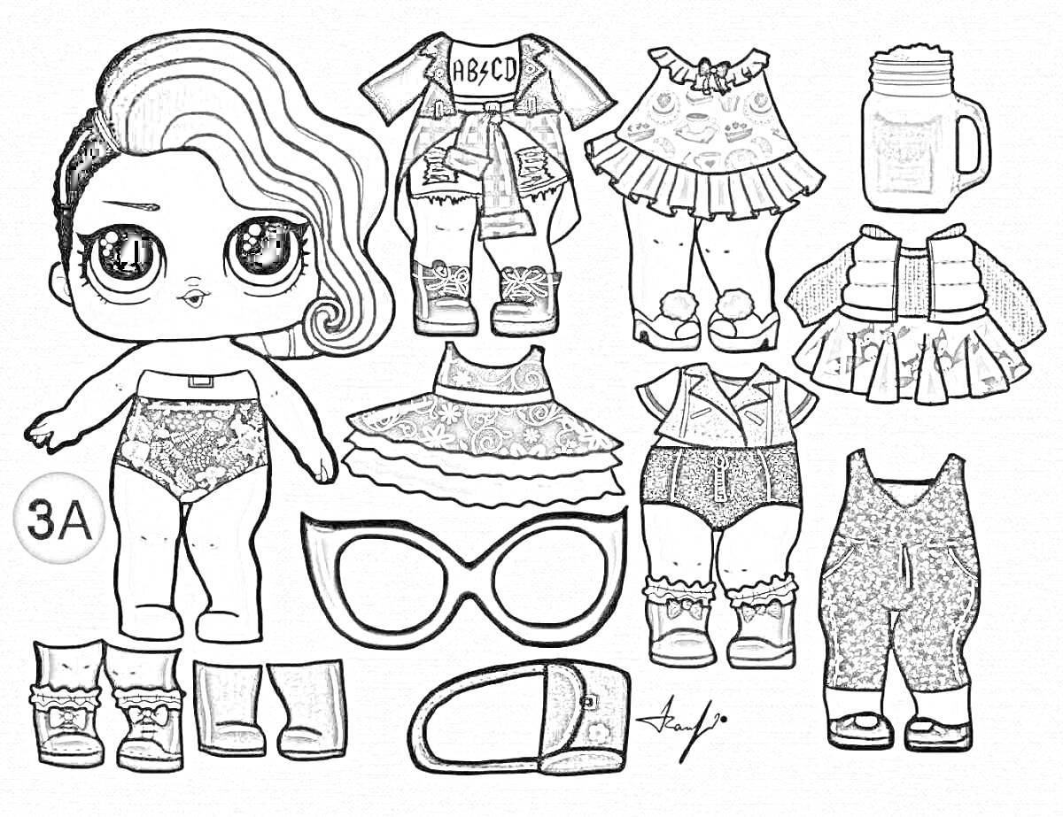 Раскраска Кукла Лол без одежды, наряды, аксессуары