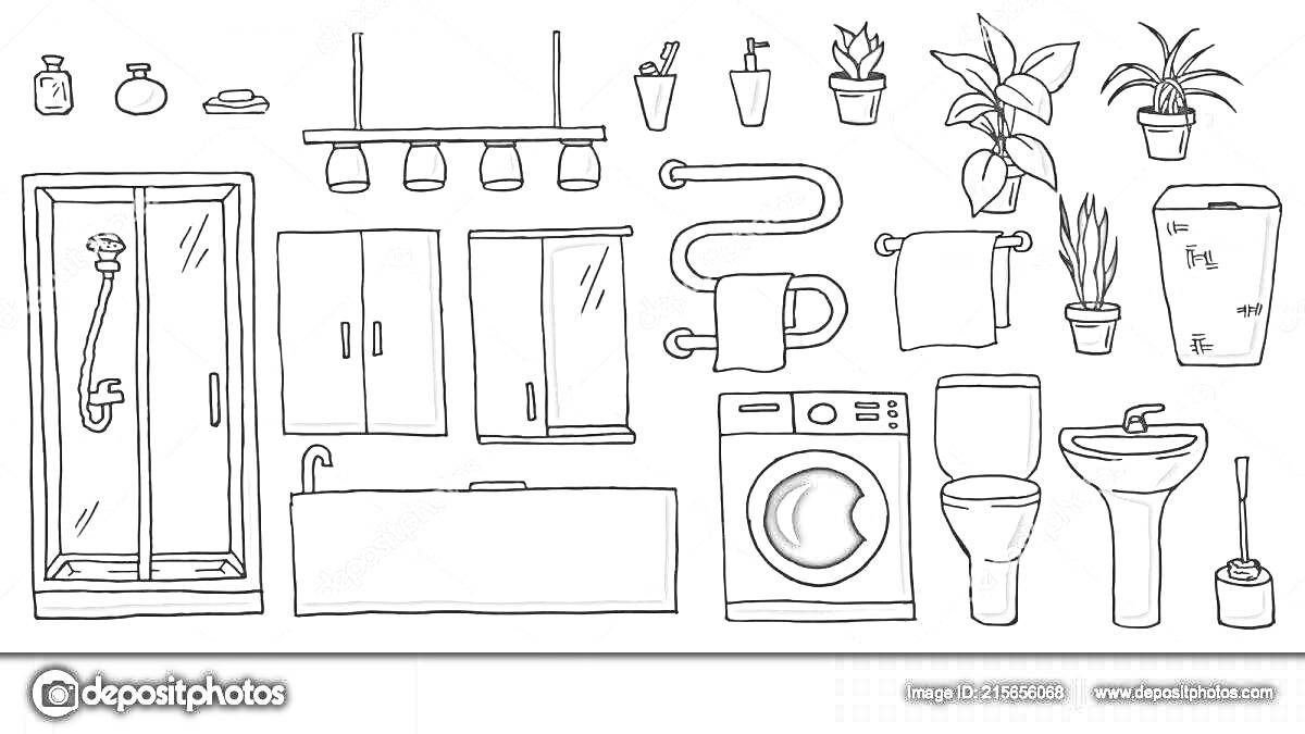 Раскраска ванная комната с душевой кабиной, шкафчиками, цветочными горшками, стиральной машиной, унитазом, раковиной, полотенцем, светильниками, и полкой с мелочами