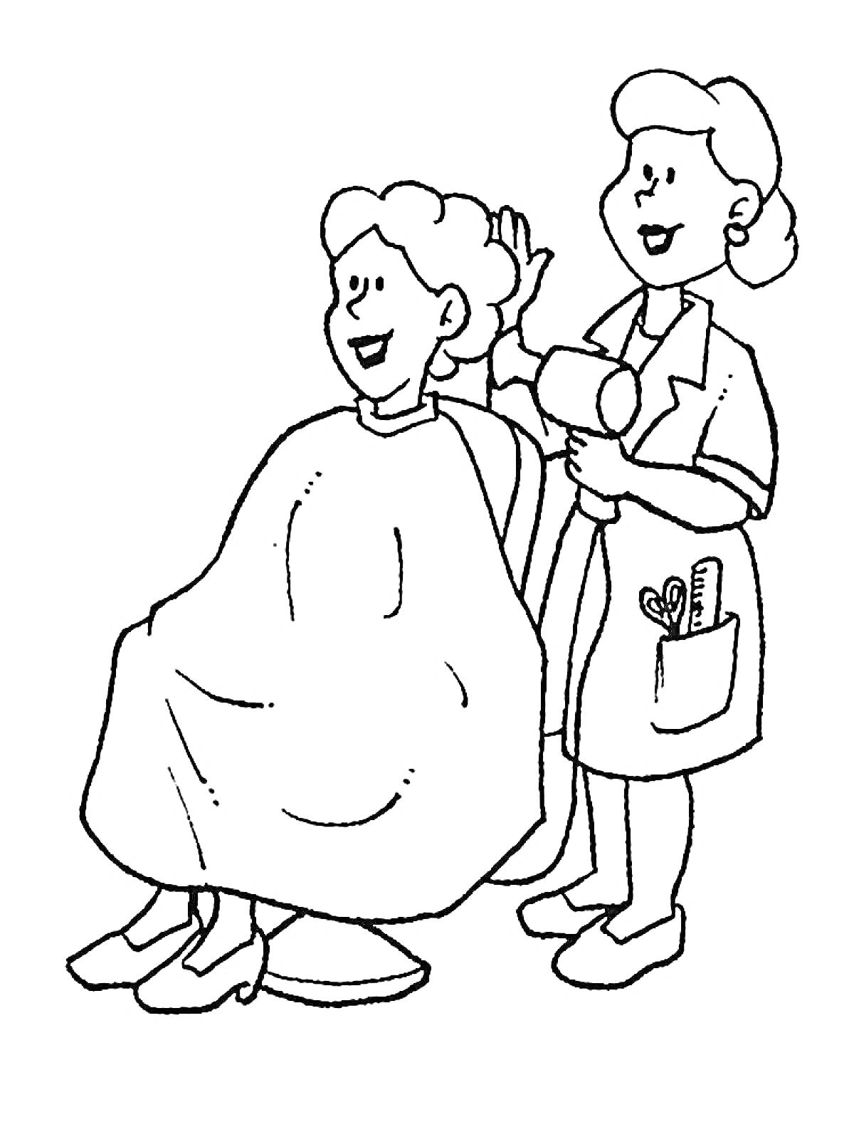 Раскраска Парикмахерская, два человека, клиент и парикмахер, фен, стрижка волос, инструменты в кармане парикмахера