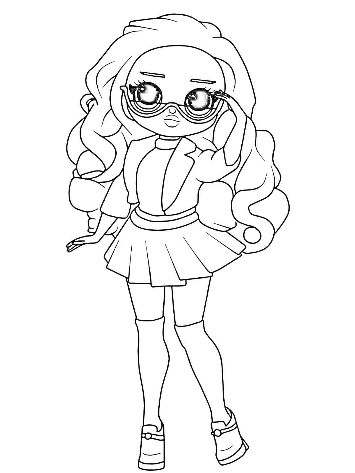 Раскраска Кукла ЛОЛ в солнцезащитных очках с длинными волосами, пиджаком и юбкой