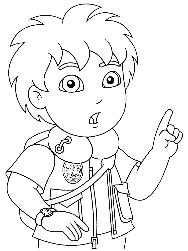 Раскраска Мальчик с растрепанными волосами, рюкзаком, свистком на шее и поднимающим указательный палец