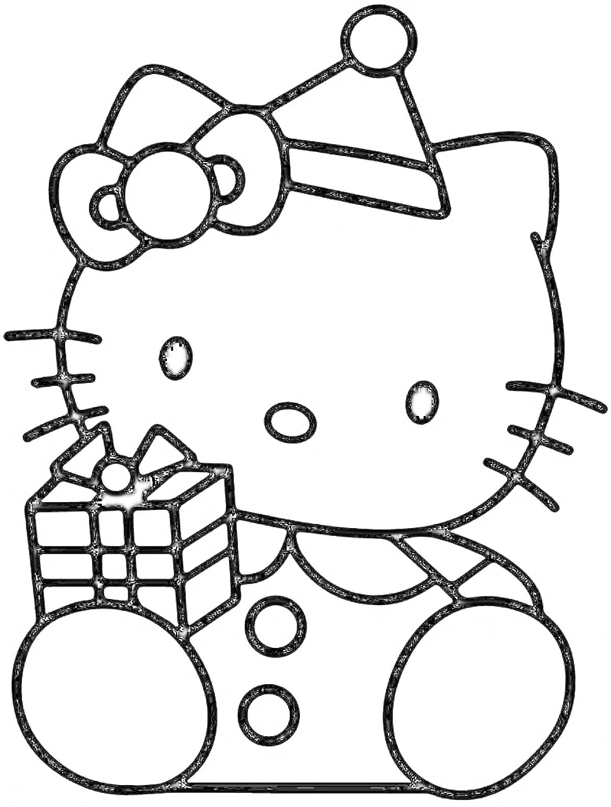 Hello Kitty с бантом на голове и в костюме с пуговицами, держащая подарок