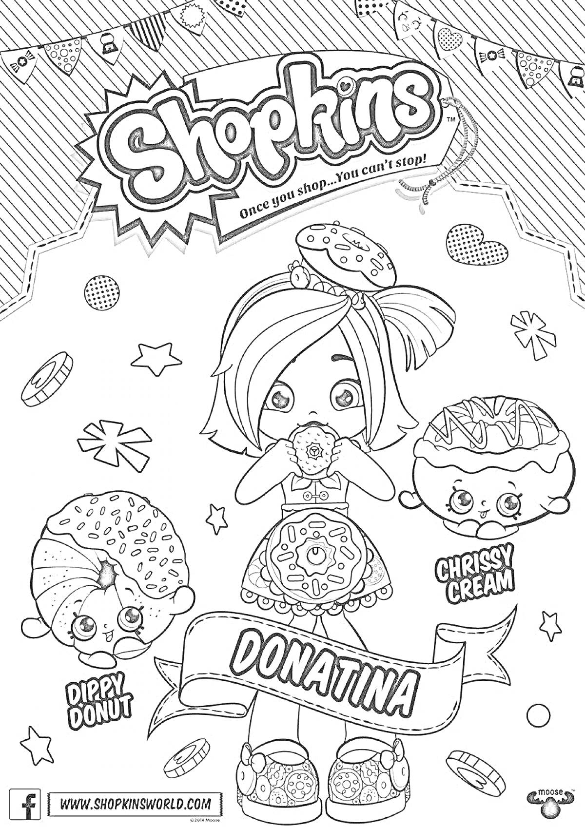 Раскраска Shopkins с Донатиной и её друзьями: Dippy Donut и Chrissy Cream, донаты, украшения, звёзды