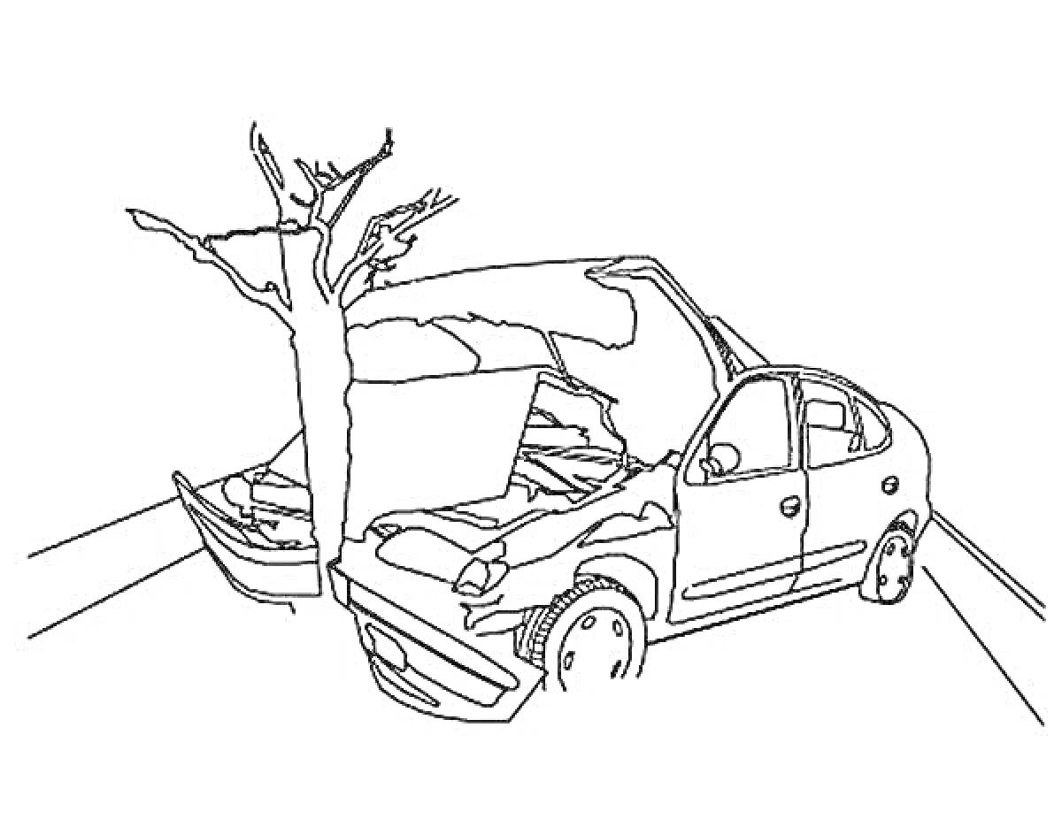 Раскраска Легковой автомобиль врезался в дерево, детализация удара и повреждений