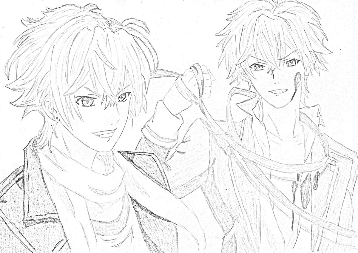 Раскраска Двое персонажей в стиле аниме с растрепанными волосами и лентами в руках