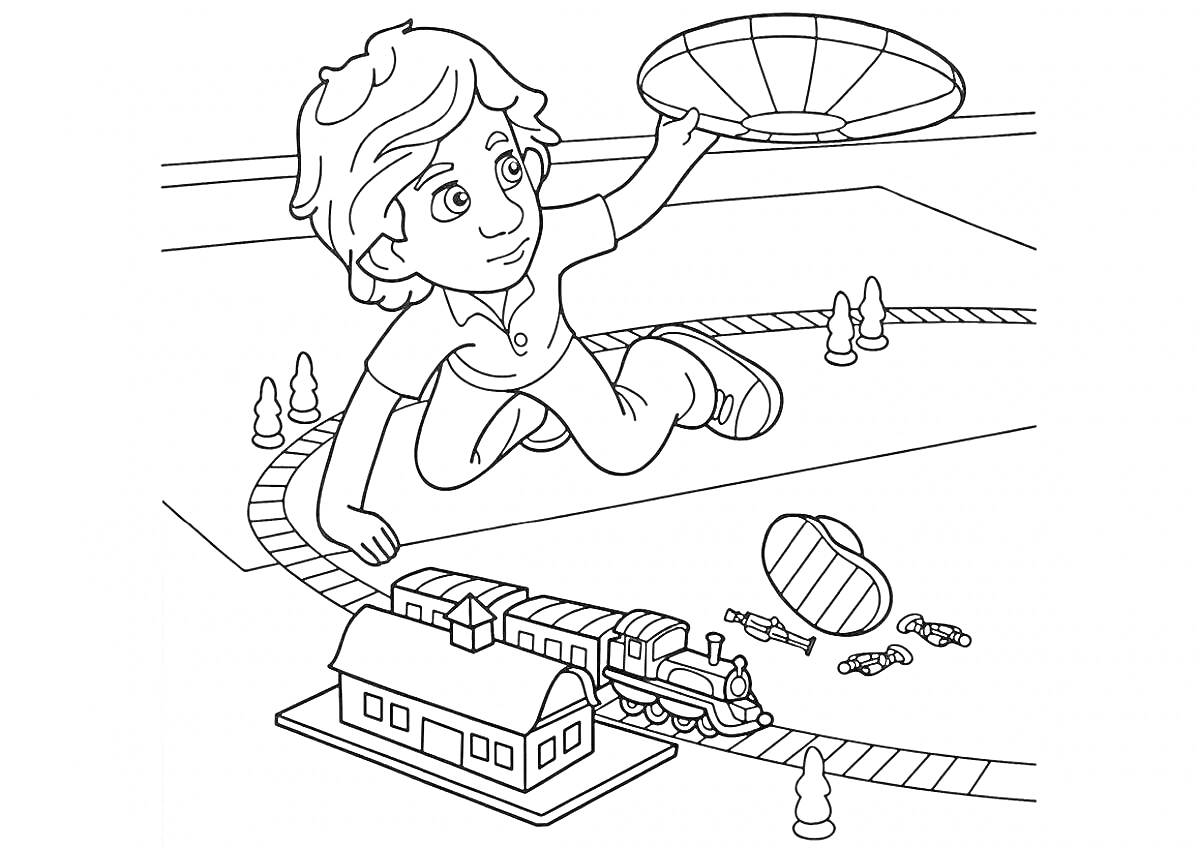 Раскраска Мальчик с летающей тарелкой играет рядом с железной дорогой с поездом, домиком и деревьями